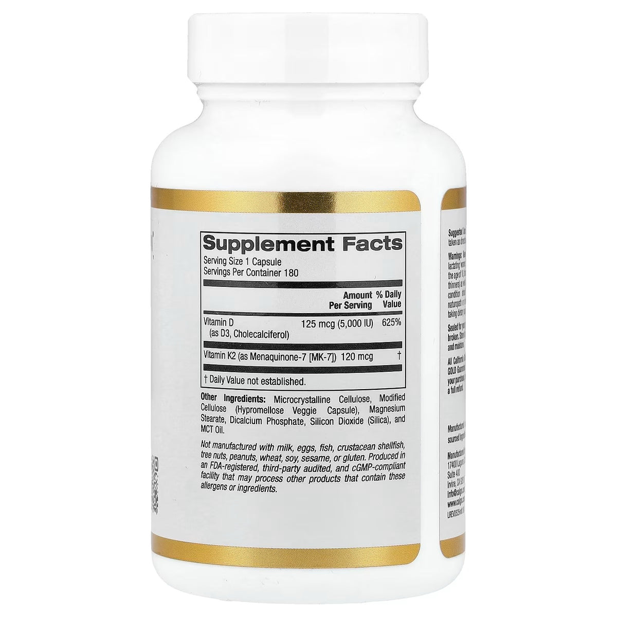 California Gold Nutrition Vitamin D3 + K2 MK-7 – 180 Capsules