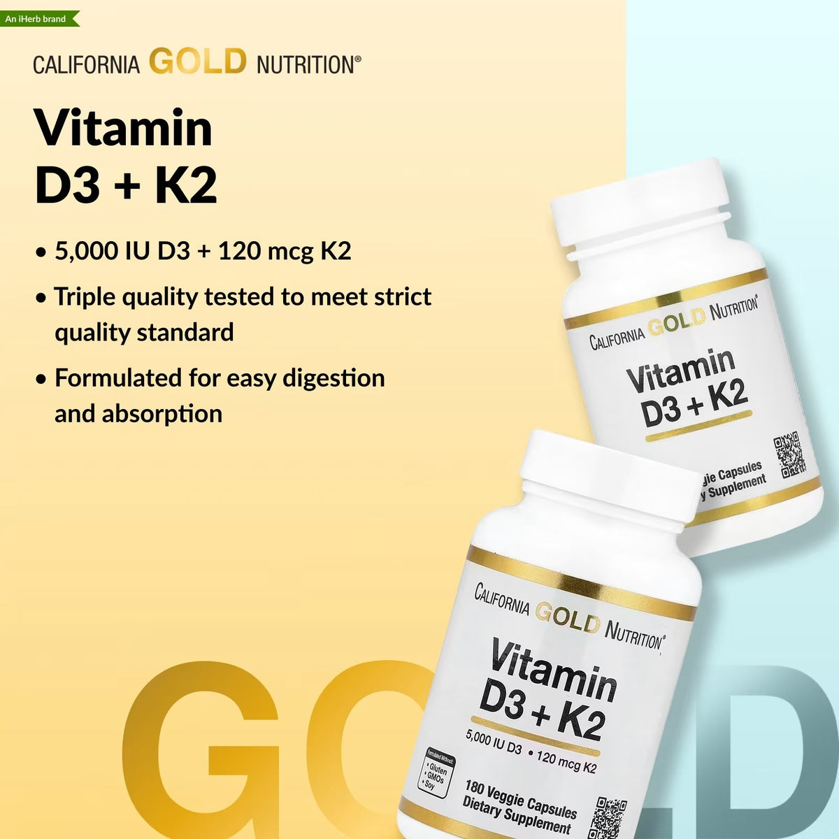 California Gold Nutrition Vitamin D3 + K2 MK-7 – 180 Capsules