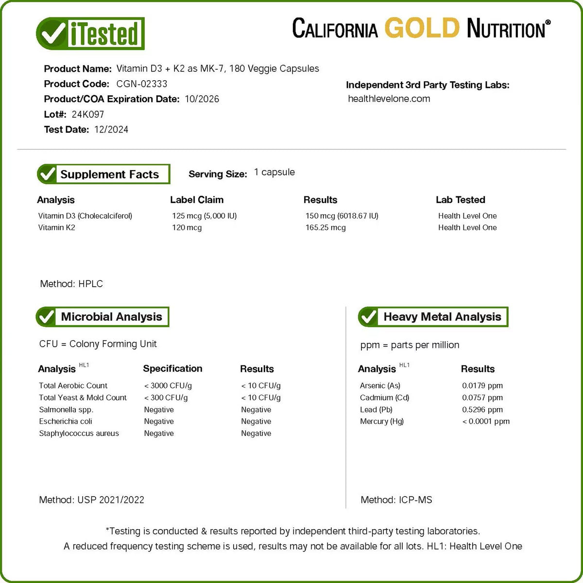California Gold Nutrition Vitamin D3 + K2 MK-7 – 180 Capsules